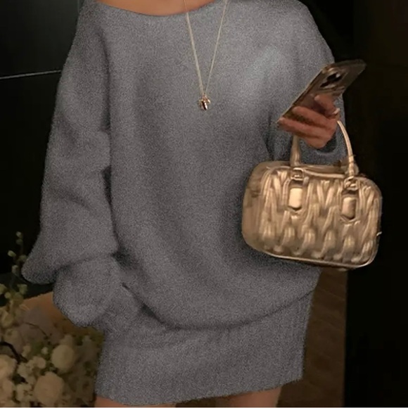 Cozy Gray Off-Shoulder Sweater Dress - Large - Picture 3 of 8